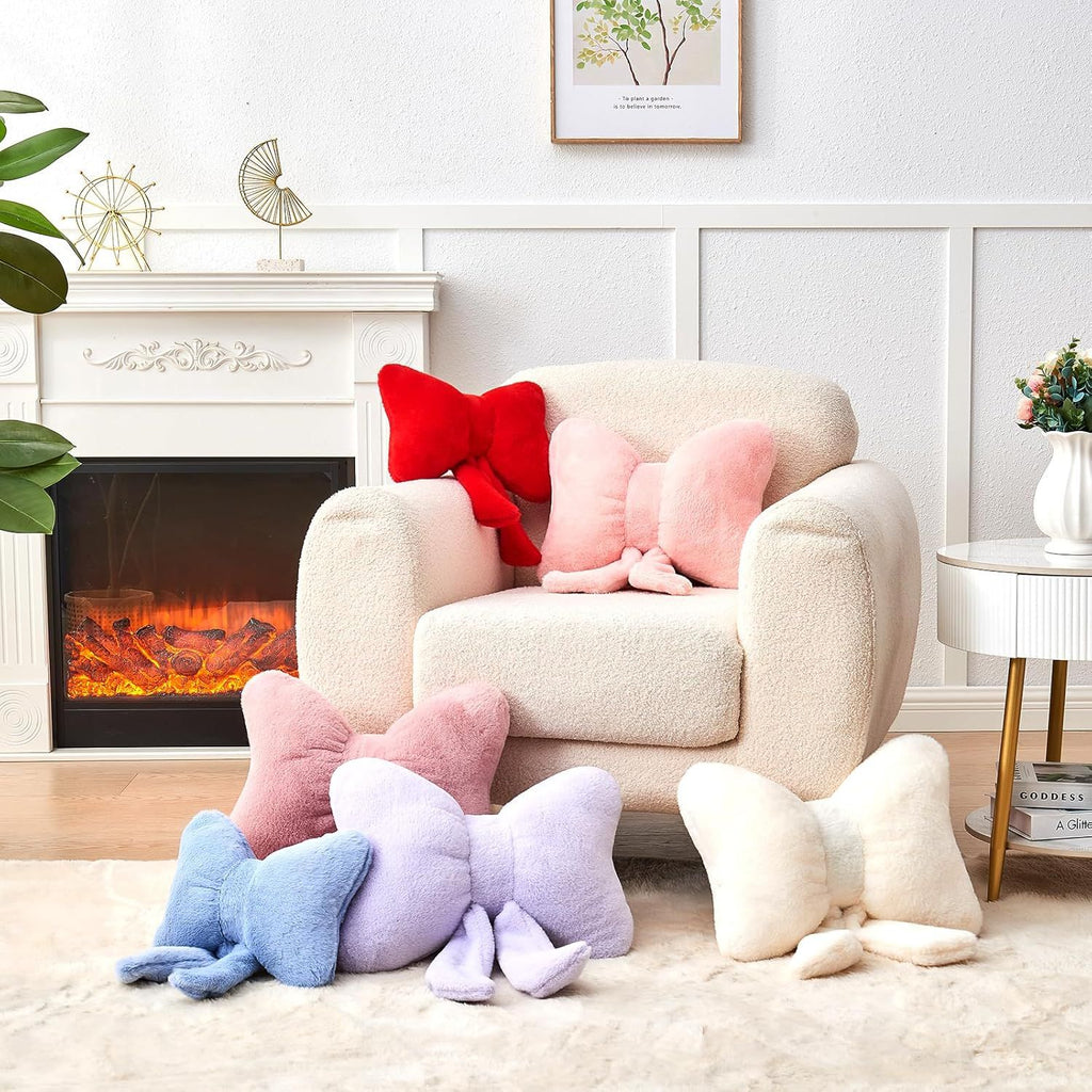 Bright Living - Ivory Bow Pillow,12'' Bow Decorative Pillows with Faux Rabbit Fur,Soft Bow Throw Pillows Aesthetic Bow Shaped Pillow for Bed Sofa Couch Home Decor