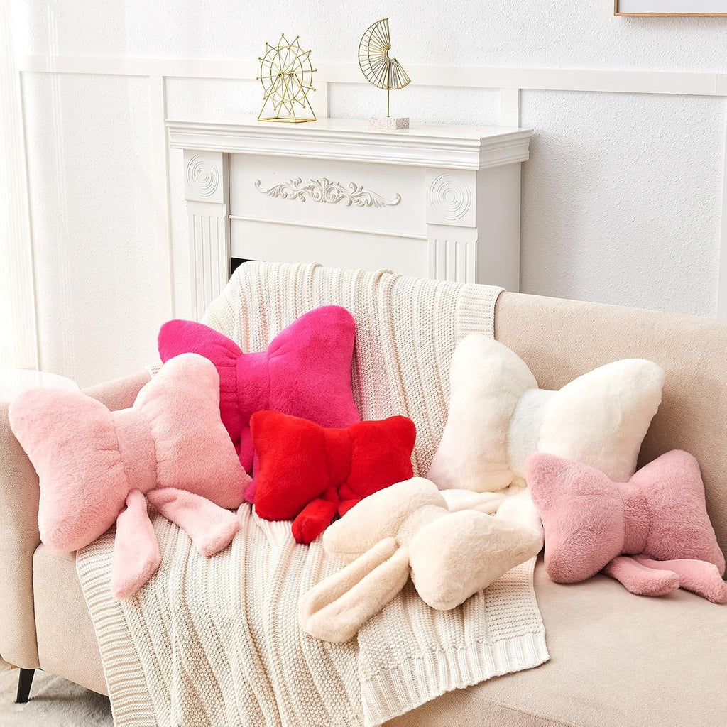 Bright Living - Ivory Bow Pillow,12'' Bow Decorative Pillows with Faux Rabbit Fur,Soft Bow Throw Pillows Aesthetic Bow Shaped Pillow for Bed Sofa Couch Home Decor
