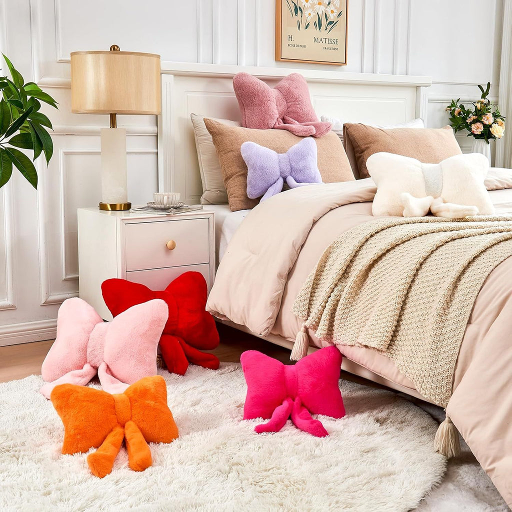 Bright Living - Red Bow Pillow, Soft Bow Decorative Pillows with Faux Rabbit Fur, Cute 12'' Bow Throw Pillows, Aesthetic Home Decor Bow Shaped Plush Pillow for Bedroom Sofa Couch