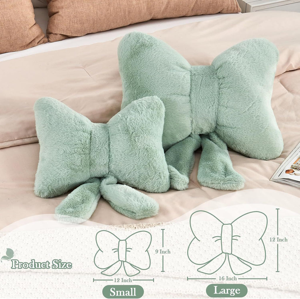 Bright Living - Green Bow Pillow, Soft Bow Decorative Pillows with Faux Rabbit Fur, Cute 12'' Bow Throw Pillows, Aesthetic Home Decor Bow Shaped Plush Pillow for Bedroom Sofa Couch