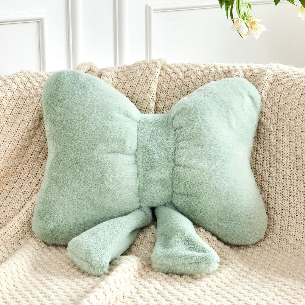 Bright Living - Green Bow Pillow, Soft Bow Decorative Pillows with Faux Rabbit Fur, Cute 12'' Bow Throw Pillows, Aesthetic Home Decor Bow Shaped Plush Pillow for Bedroom Sofa Couch