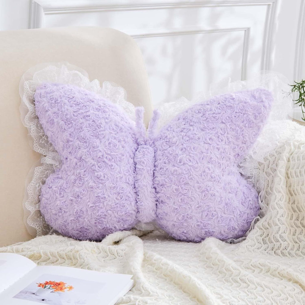 Bright Living - Butterfly Pillow Lavender Decorative Pillows 15'' Butterfly Shaped Cute Throw Pillows with Lace Aesthetic Bow Plush Cushion for Room Decor Bed Sofa Couch