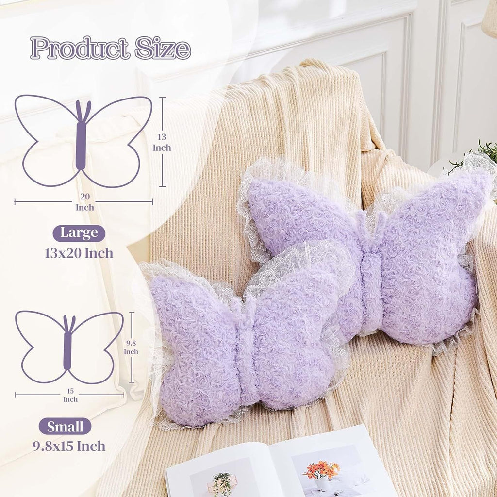 Bright Living - Butterfly Pillow Lavender Decorative Pillows 15'' Butterfly Shaped Cute Throw Pillows with Lace Aesthetic Bow Plush Cushion for Room Decor Bed Sofa Couch