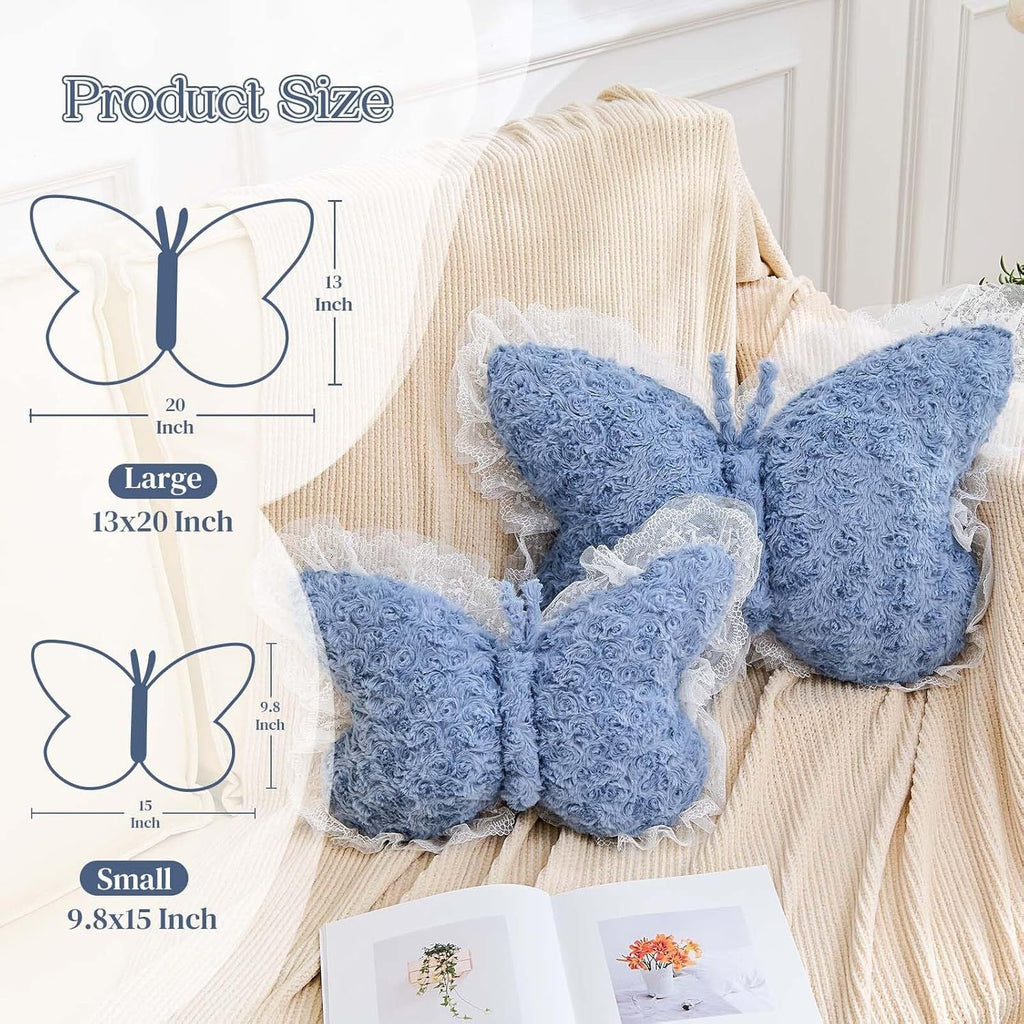 Bright Living - Butterfly Pillow Dusty Blue Decorative Pillows 15'' Butterfly Shaped Cute Throw Pillows with Lace Aesthetic Bow Plush Cushion for Room Decor Bed Sofa Couch