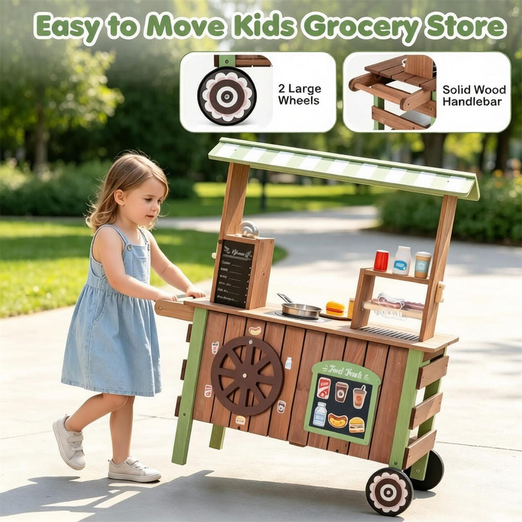 inQ Boutique - Toddler Wooden Play Food Truck Cart on Wheels, All-in-One Grocery Stand with Storage Cabinet Box, Realistic Kitchen Pretend Play Set for Social Skill & Fine Motor Development Ages 3+
