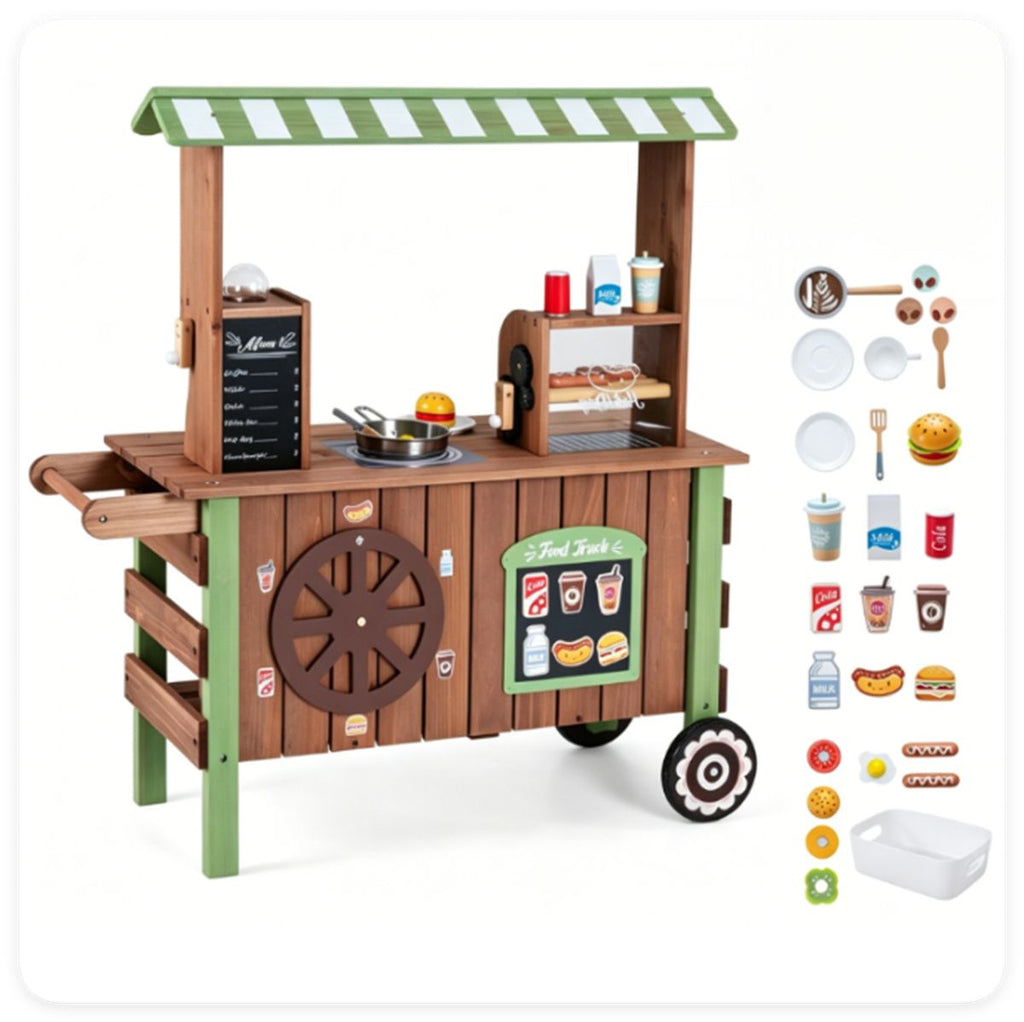 inQ Boutique - Toddler Wooden Play Food Truck Cart on Wheels, All-in-One Grocery Stand with Storage Cabinet Box, Realistic Kitchen Pretend Play Set for Social Skill & Fine Motor Development Ages 3+