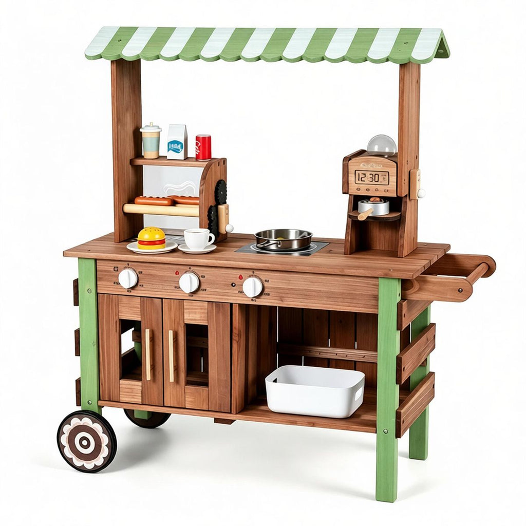 inQ Boutique - Toddler Wooden Play Food Truck Cart on Wheels, All-in-One Grocery Stand with Storage Cabinet Box, Realistic Kitchen Pretend Play Set for Social Skill & Fine Motor Development Ages 3+