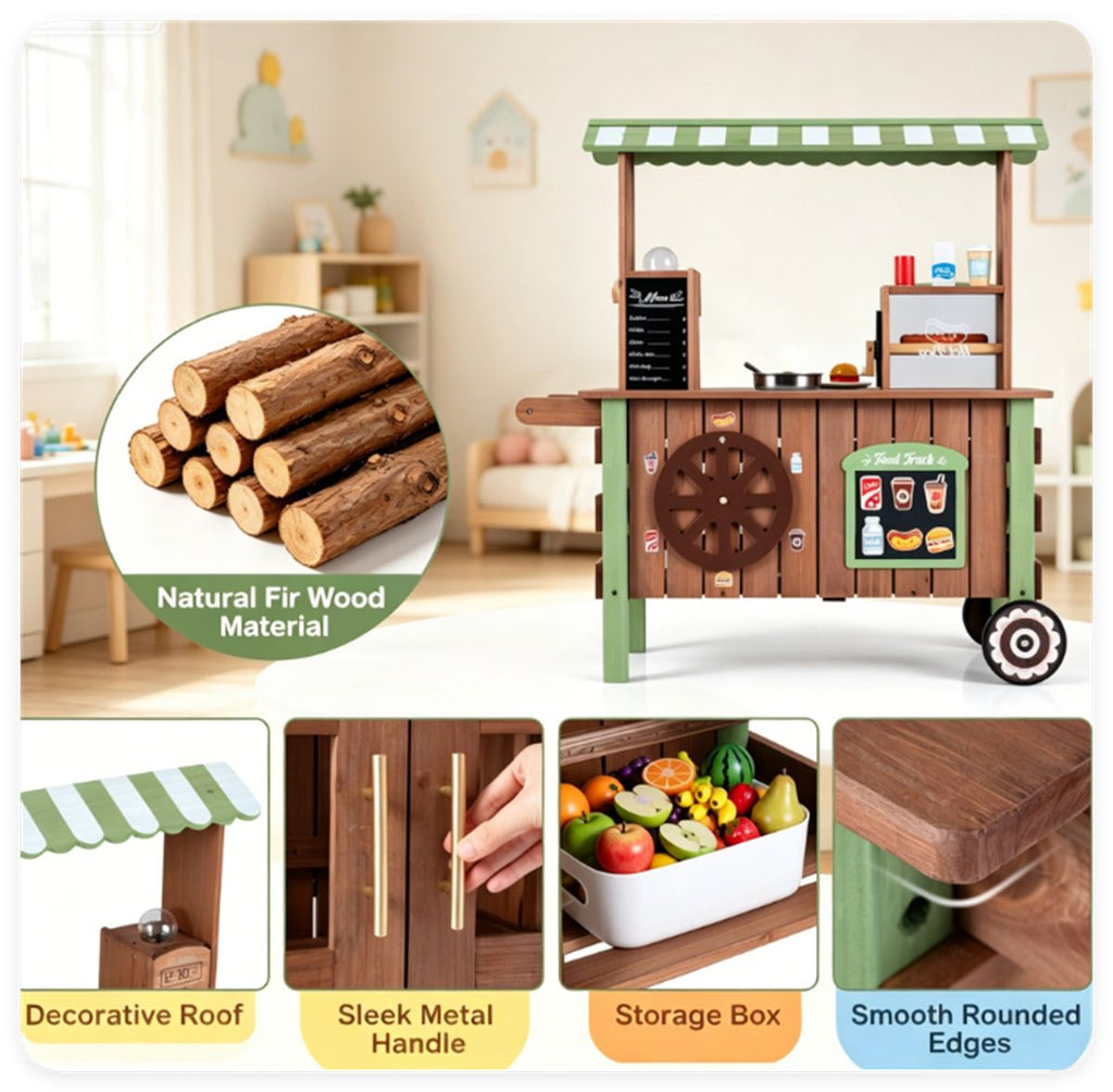 inQ Boutique - Toddler Wooden Play Food Truck Cart on Wheels, All-in-One Grocery Stand with Storage Cabinet Box, Realistic Kitchen Pretend Play Set for Social Skill & Fine Motor Development Ages 3+