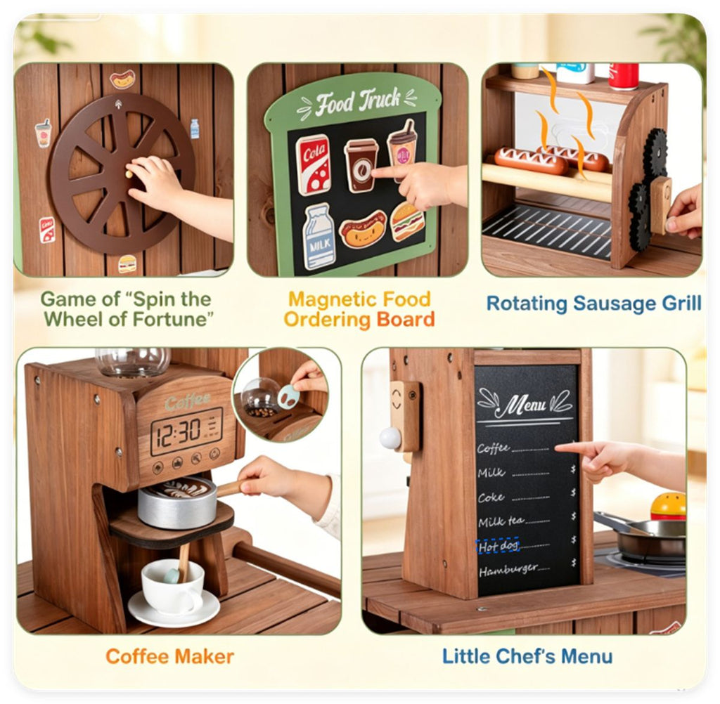 inQ Boutique - Toddler Wooden Play Food Truck Cart on Wheels, All-in-One Grocery Stand with Storage Cabinet Box, Realistic Kitchen Pretend Play Set for Social Skill & Fine Motor Development Ages 3+