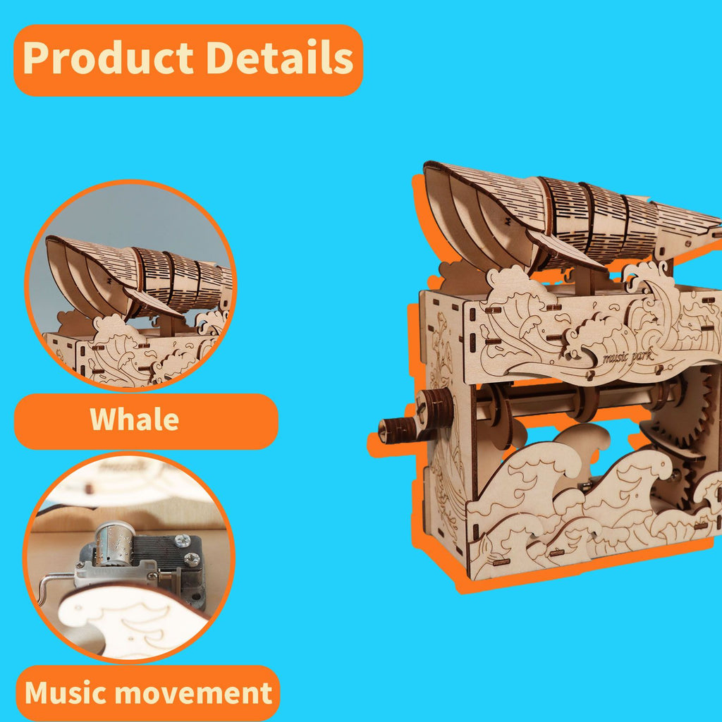Music Park - 3d wooden puzzle Hand Whale music box Handmade Assembly Model kit Holidays birthdays Christmas gifts