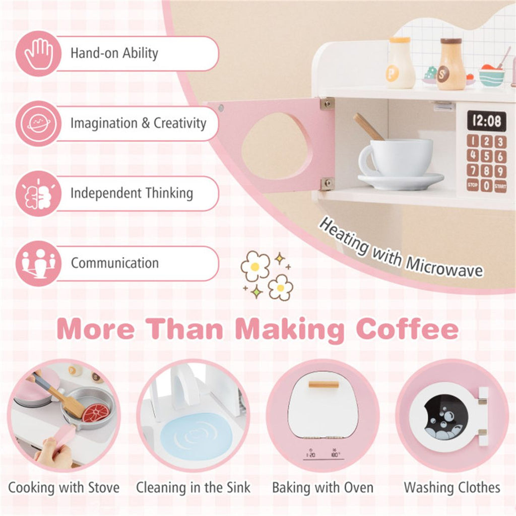 inQ Boutique - Pink Kids Coffee Kitchen Playset with Microwave Oven Stove for 3+ Years Old