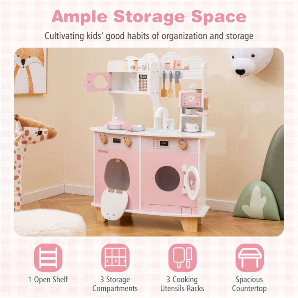 inQ Boutique - Pink Kids Coffee Kitchen Playset with Microwave Oven Stove for 3+ Years Old