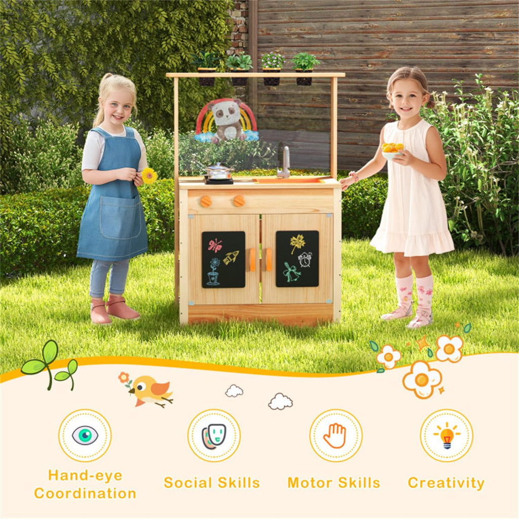 inQ Boutique - Kids Outdoor Mud Kitchen Playset, Realistic Stoves/Sink with Utensils & Chalkboard for Creative Play