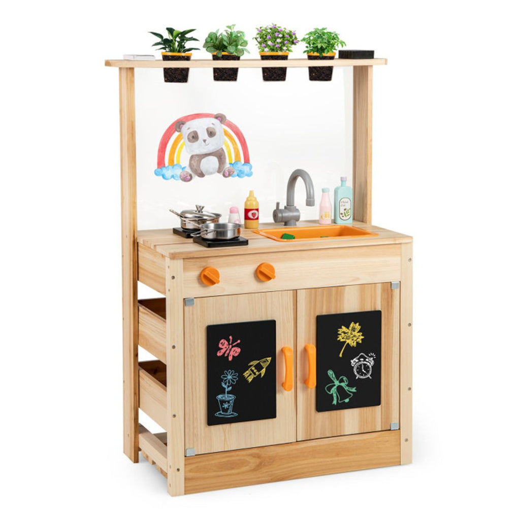 inQ Boutique - Kids Outdoor Mud Kitchen Playset, Realistic Stoves/Sink with Utensils & Chalkboard for Creative Play