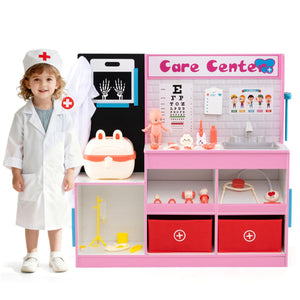 inQ Boutique - Pink Wooden Doctor Office Playset with X-ray ECG Monitor Sink Height Measurer for Toddlers 3-6