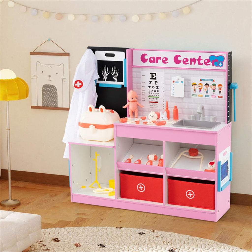 inQ Boutique - Pink Wooden Doctor Office Playset with X-ray ECG Monitor Sink Height Measurer for Toddlers 3-6