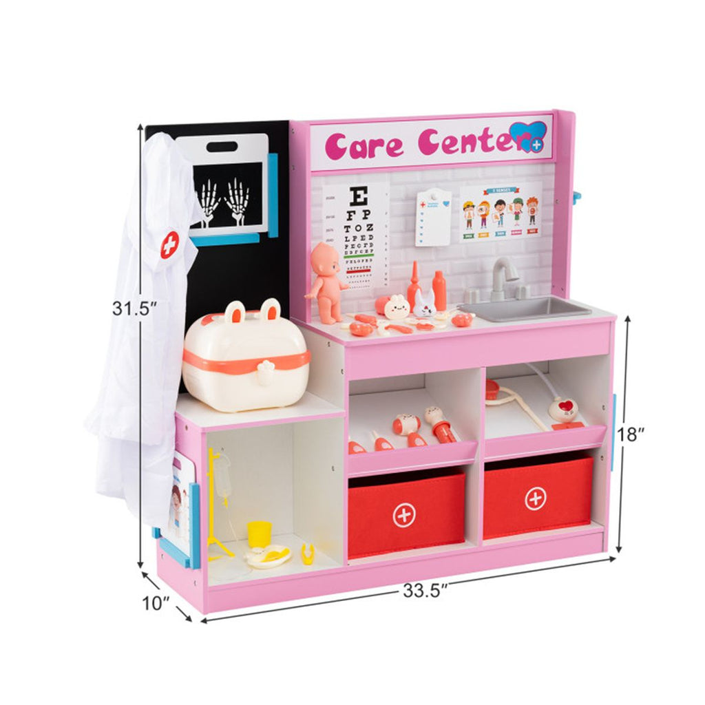 inQ Boutique - Pink Wooden Doctor Office Playset with X-ray ECG Monitor Sink Height Measurer for Toddlers 3-6
