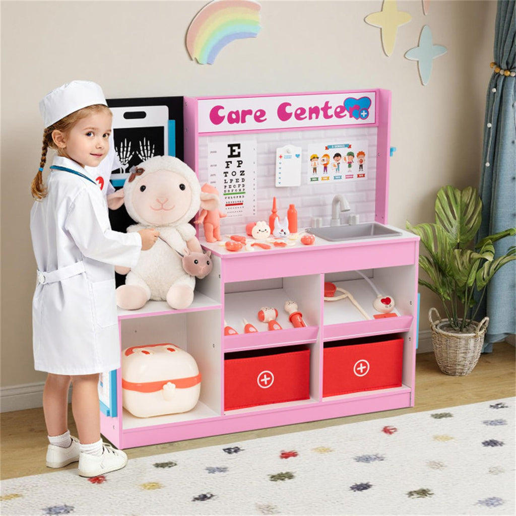 inQ Boutique - Pink Wooden Doctor Office Playset with X-ray ECG Monitor Sink Height Measurer for Toddlers 3-6
