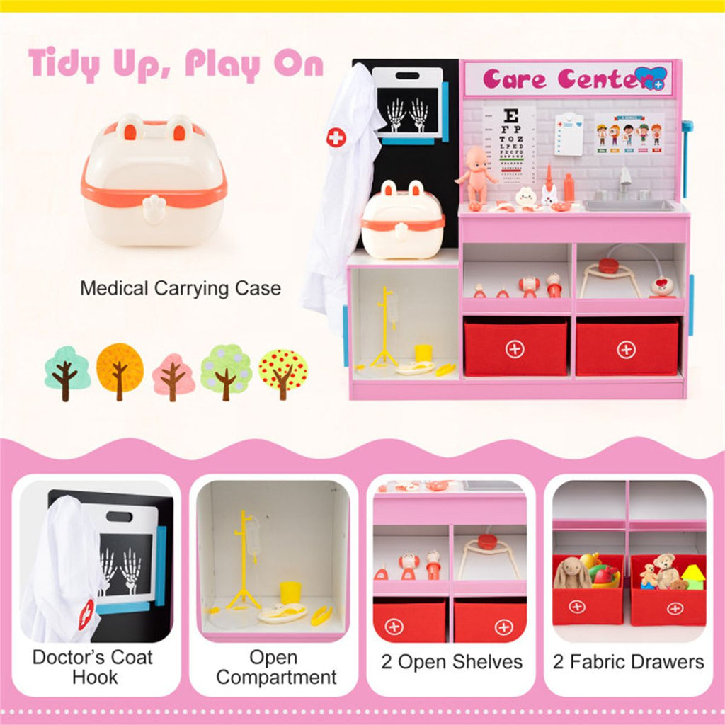 inQ Boutique - Pink Wooden Doctor Office Playset with X-ray ECG Monitor Sink Height Measurer for Toddlers 3-6