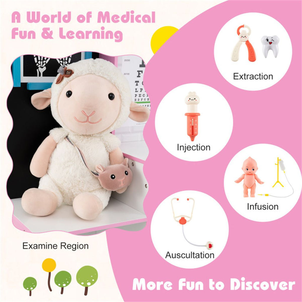 inQ Boutique - Pink Wooden Doctor Office Playset with X-ray ECG Monitor Sink Height Measurer for Toddlers 3-6