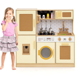 inQ Boutique - Kids Wooden Kitchen Playset 3+ with Fridge Sink Washing Machine with Realistic Light Sound Rattan Doors - Yellow