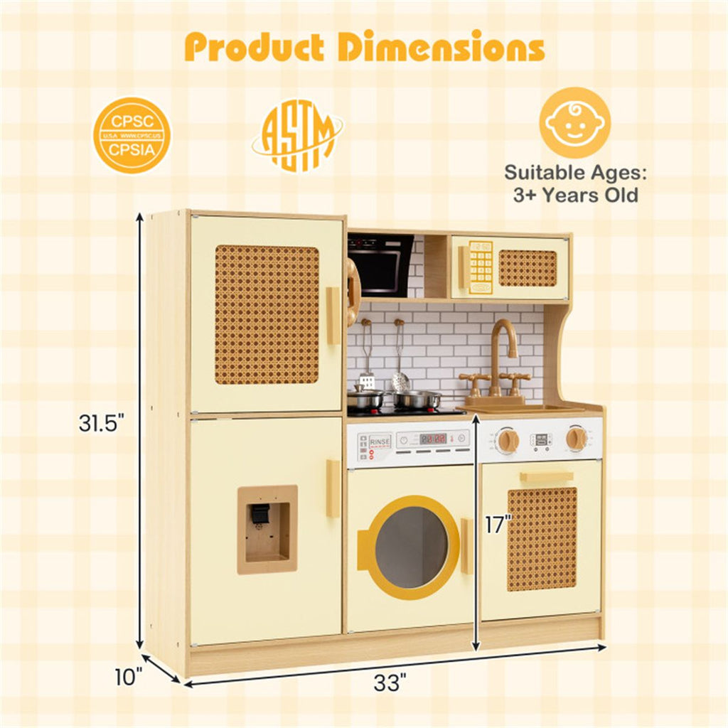 inQ Boutique - Kids Wooden Kitchen Playset 3+ with Fridge Sink Washing Machine with Realistic Light Sound Rattan Doors - Yellow