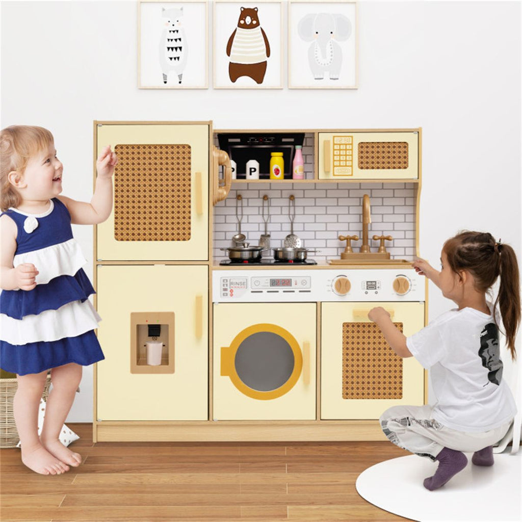 inQ Boutique - Kids Wooden Kitchen Playset 3+ with Fridge Sink Washing Machine with Realistic Light Sound Rattan Doors - Yellow
