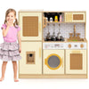 inQ Boutique - Kids Wooden Kitchen Playset 3+ with Fridge Sink Washing Machine with Realistic Light Sound Rattan Doors - Yellow