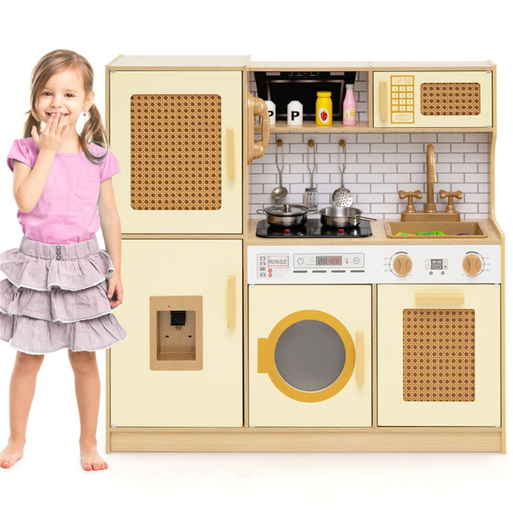 inQ Boutique - Kids Wooden Kitchen Playset 3+ with Fridge Sink Washing Machine with Realistic Light Sound Rattan Doors - Yellow