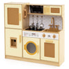inQ Boutique - Kids Wooden Kitchen Playset 3+ with Fridge Sink Washing Machine with Realistic Light Sound Rattan Doors - Yellow