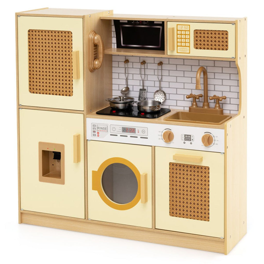 inQ Boutique - Kids Wooden Kitchen Playset 3+ with Fridge Sink Washing Machine with Realistic Light Sound Rattan Doors - Yellow