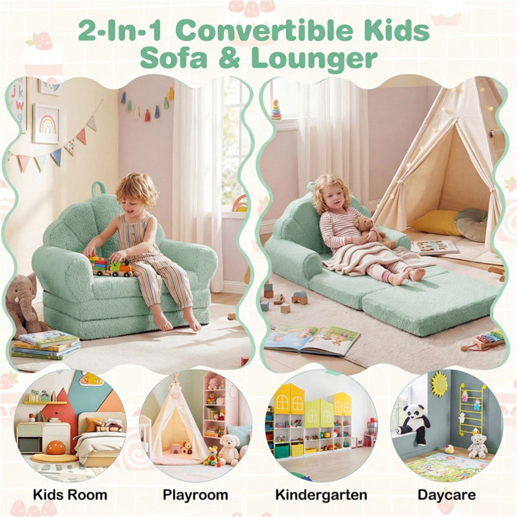 inQ Boutique - 2-in-1 Flip Open Kids Sofa Lounger, Teddy Fleece Toddler Couch with Carry Handle for Ages 3+ (Green)