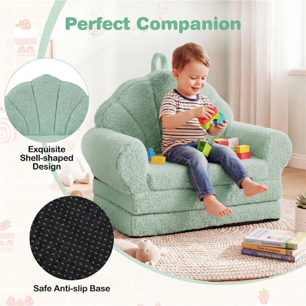 inQ Boutique - 2-in-1 Flip Open Kids Sofa Lounger, Teddy Fleece Toddler Couch with Carry Handle for Ages 3+ (Green)