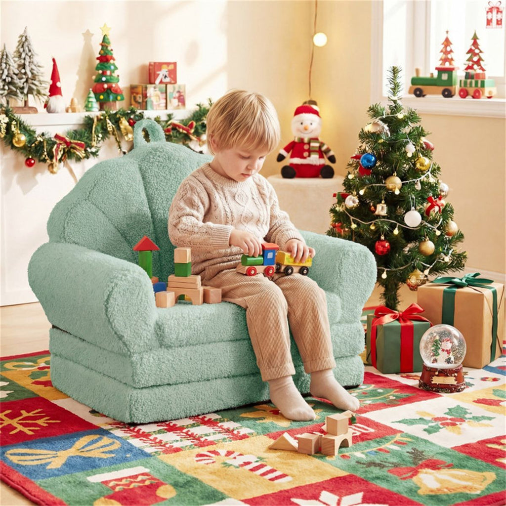 inQ Boutique - 2-in-1 Flip Open Kids Sofa Lounger, Teddy Fleece Toddler Couch with Carry Handle for Ages 3+ (Green)