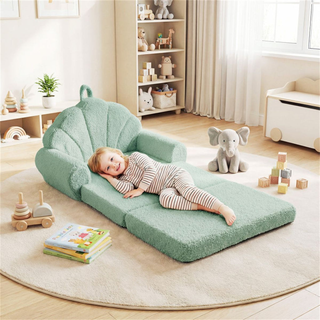 inQ Boutique - 2-in-1 Flip Open Kids Sofa Lounger, Teddy Fleece Toddler Couch with Carry Handle for Ages 3+ (Green)