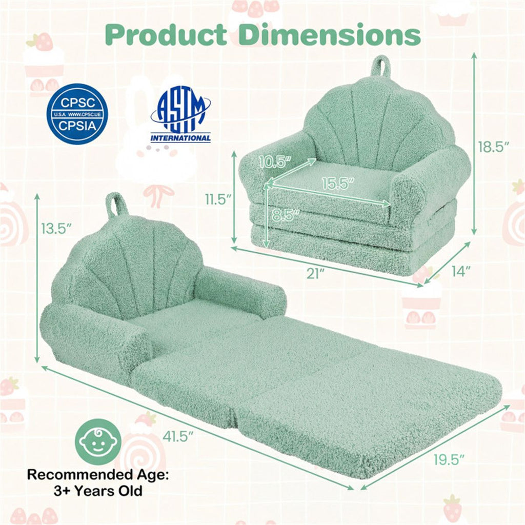 inQ Boutique - 2-in-1 Flip Open Kids Sofa Lounger, Teddy Fleece Toddler Couch with Carry Handle for Ages 3+ (Green)