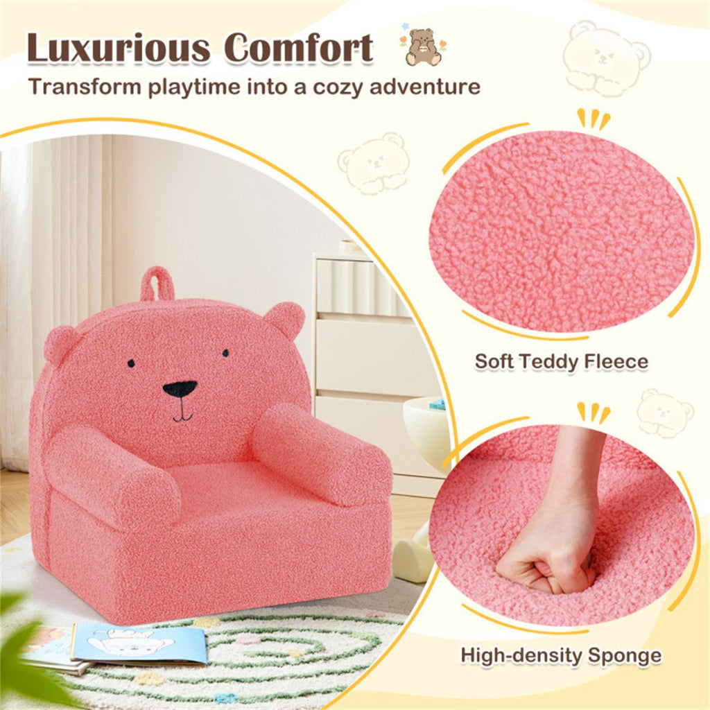 inQ Boutique - Bear-Shaped Kids Sofa, Teddy Fleece Foam Chair for Toddlers 3+, Portable Bear-Shaped Couch (Pink)