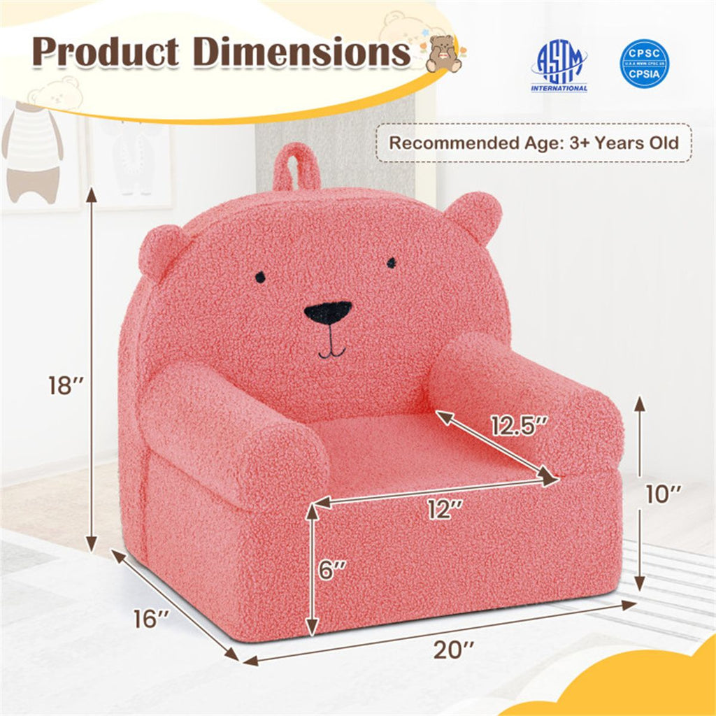inQ Boutique - Bear-Shaped Kids Sofa, Teddy Fleece Foam Chair for Toddlers 3+, Portable Bear-Shaped Couch (Pink)