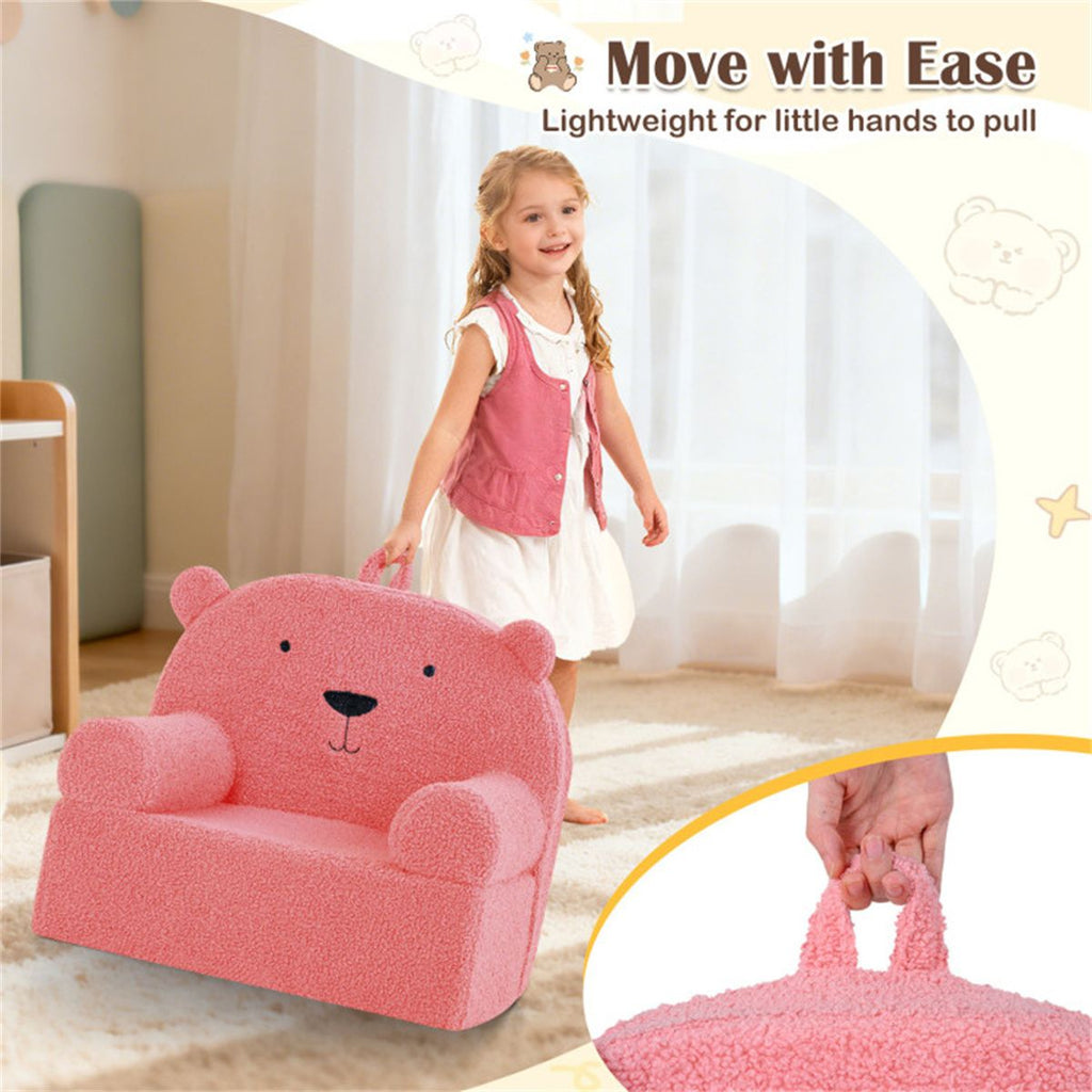 inQ Boutique - Bear-Shaped Kids Sofa, Teddy Fleece Foam Chair for Toddlers 3+, Portable Bear-Shaped Couch (Pink)