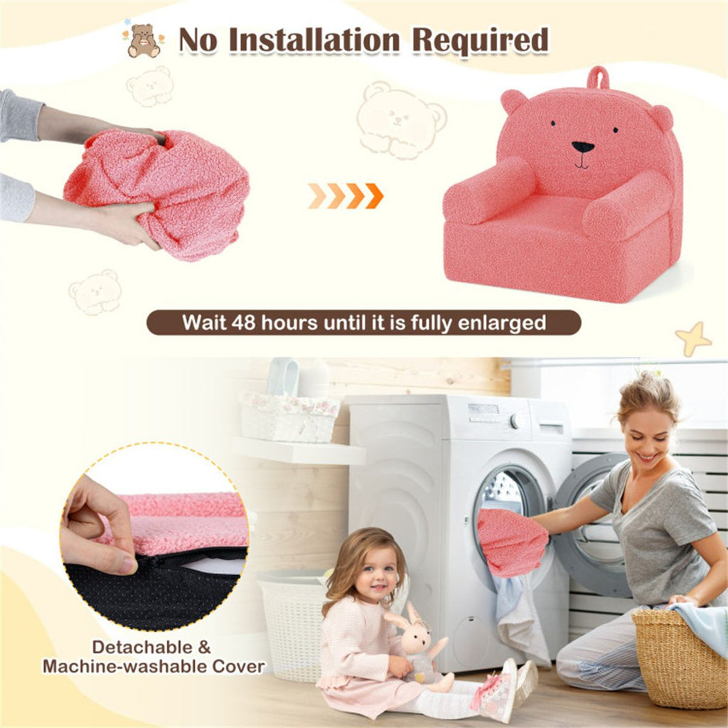 inQ Boutique - Bear-Shaped Kids Sofa, Teddy Fleece Foam Chair for Toddlers 3+, Portable Bear-Shaped Couch (Pink)