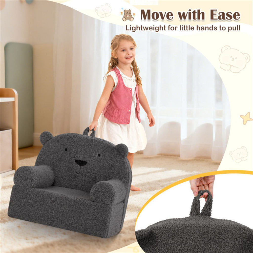 inQ Boutique - Bear-Shaped Kids Sofa, Teddy Fleece Foam Chair for Toddlers 3+, Portable Bear-Shaped Couch (Gray)