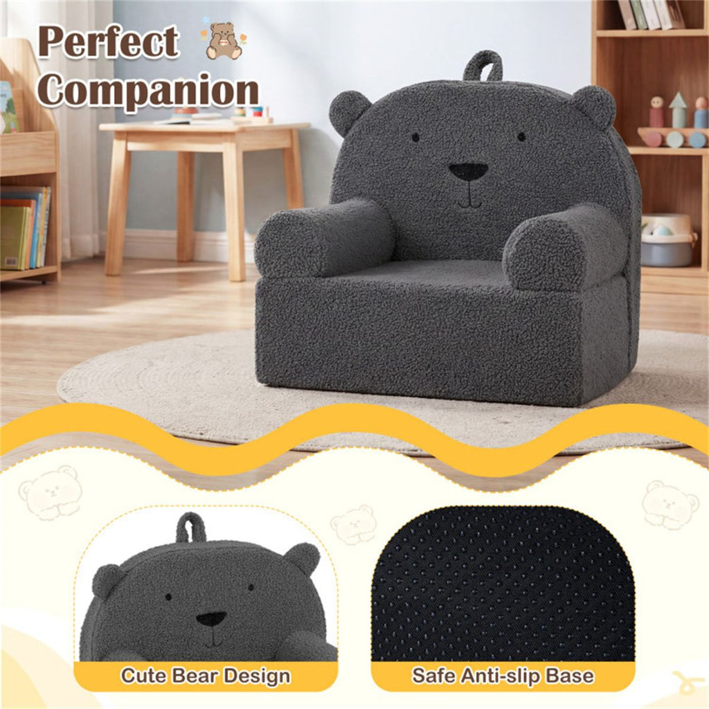 inQ Boutique - Bear-Shaped Kids Sofa, Teddy Fleece Foam Chair for Toddlers 3+, Portable Bear-Shaped Couch (Gray)