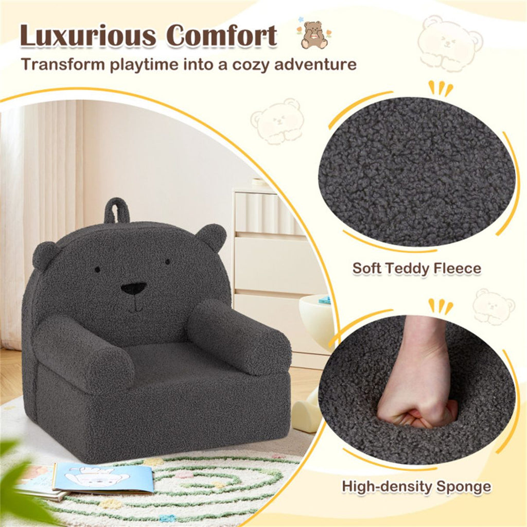 inQ Boutique - Bear-Shaped Kids Sofa, Teddy Fleece Foam Chair for Toddlers 3+, Portable Bear-Shaped Couch (Gray)