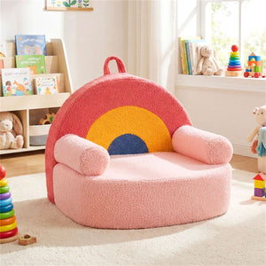 inQ Boutique - Red Kids Sofa, Soft Teddy Fleece Foam Couch with Carry Handle & Removable Machine-Washable Cover