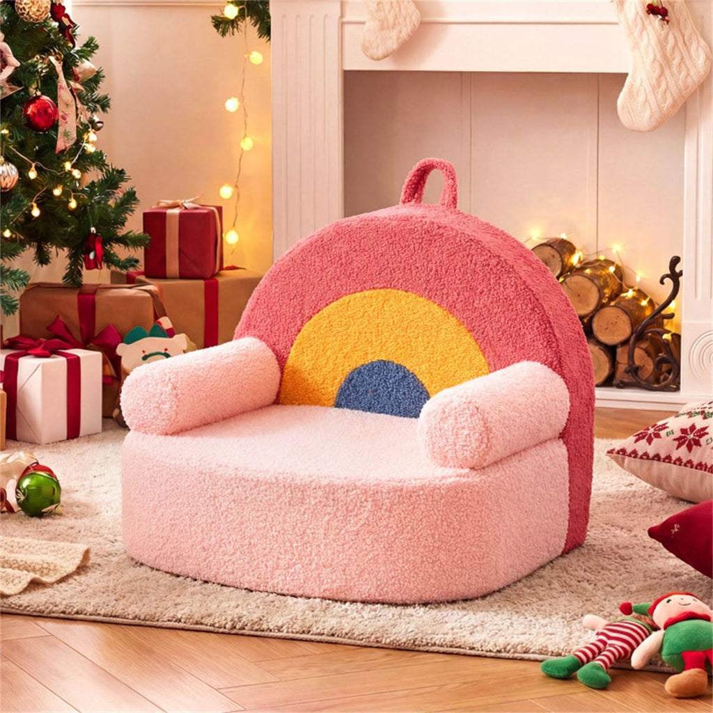 inQ Boutique - Red Kids Sofa, Soft Teddy Fleece Foam Couch with Carry Handle & Removable Machine-Washable Cover