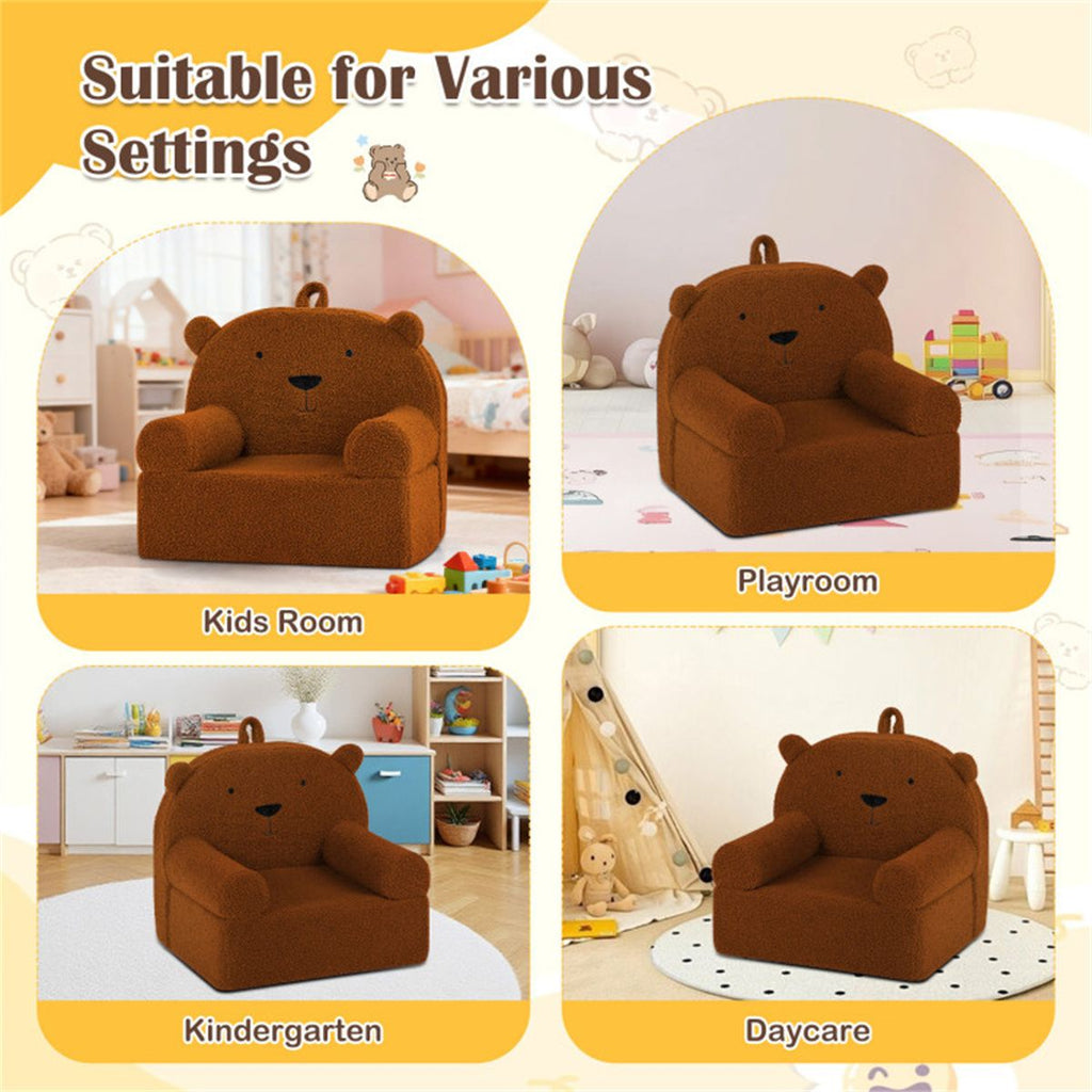 inQ Boutique - Bear-Shaped Kids Sofa, Teddy Fleece Foam Chair for Toddlers 3+, Portable Bear-Shaped Couch (Brown)