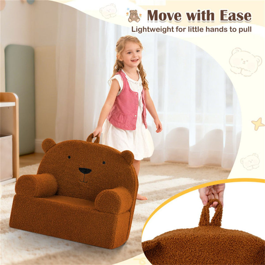 inQ Boutique - Bear-Shaped Kids Sofa, Teddy Fleece Foam Chair for Toddlers 3+, Portable Bear-Shaped Couch (Brown)