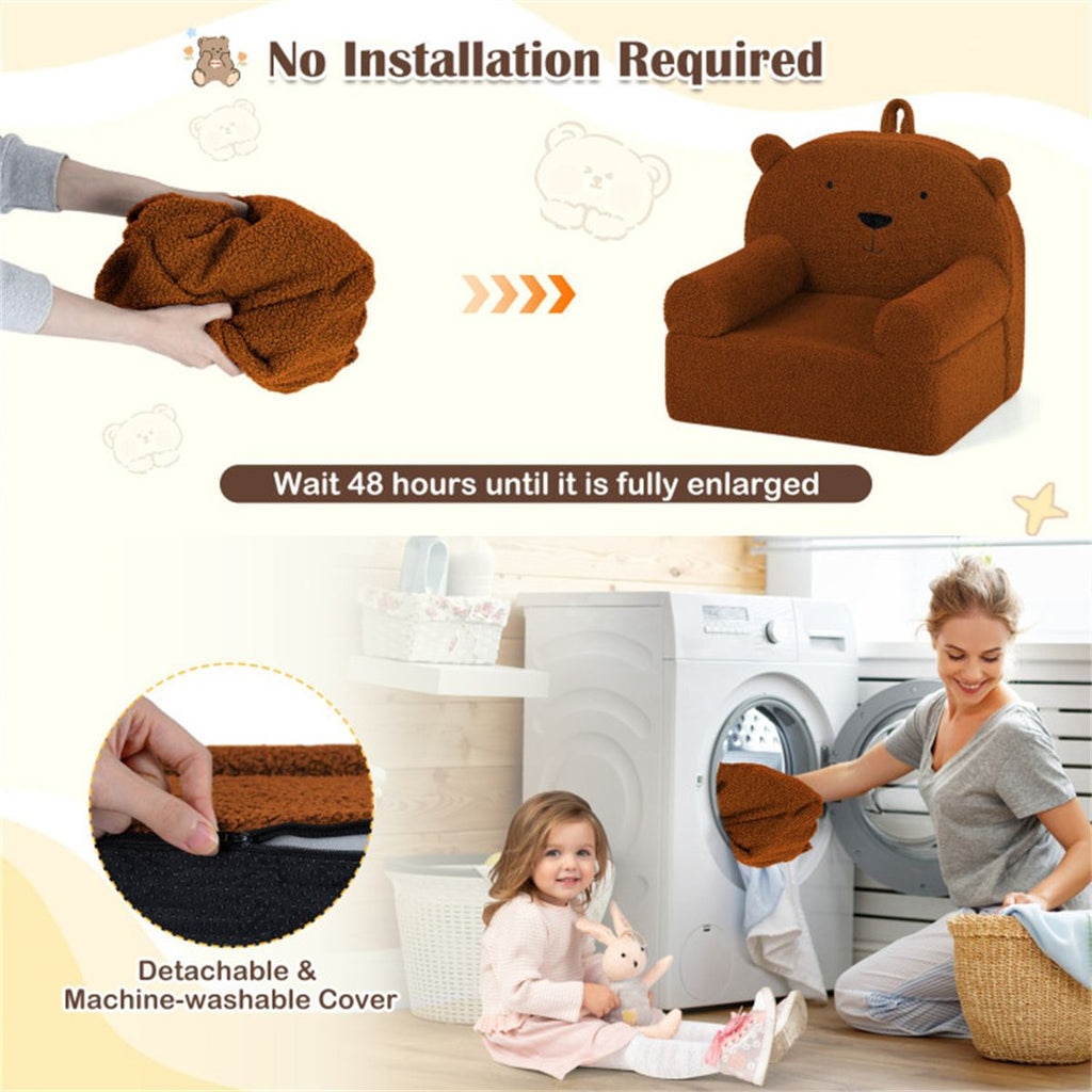inQ Boutique - Bear-Shaped Kids Sofa, Teddy Fleece Foam Chair for Toddlers 3+, Portable Bear-Shaped Couch (Brown)