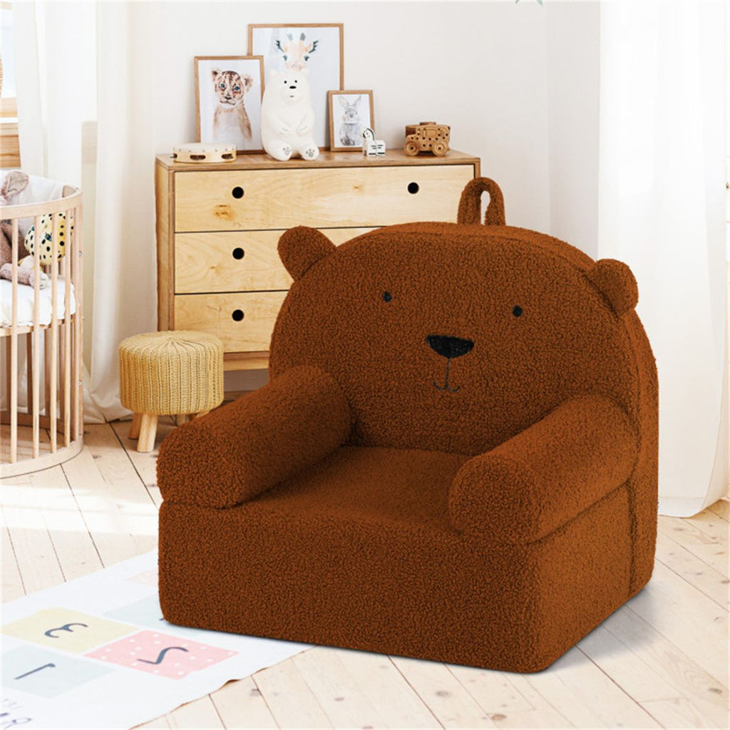 inQ Boutique - Bear-Shaped Kids Sofa, Teddy Fleece Foam Chair for Toddlers 3+, Portable Bear-Shaped Couch (Brown)