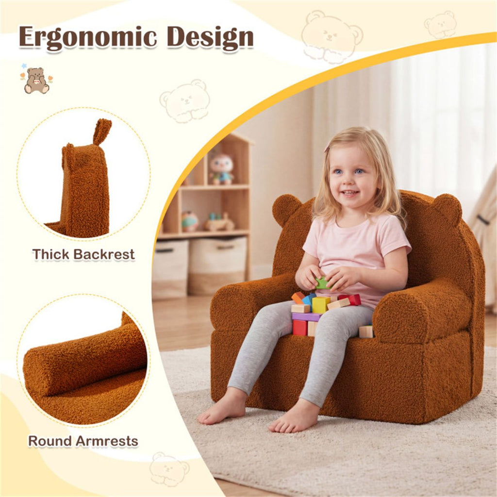 inQ Boutique - Bear-Shaped Kids Sofa, Teddy Fleece Foam Chair for Toddlers 3+, Portable Bear-Shaped Couch (Brown)